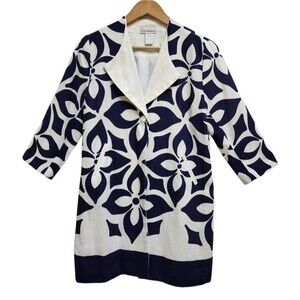 Zacharee Coat Womens Size 10 Navy White Floral Linen Blend 3/4 Slv One Button